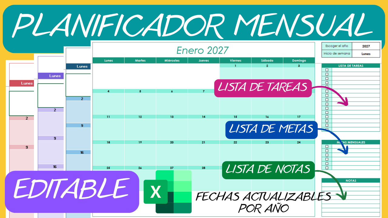 PLANIFICADOR MENSUAL EDITABLE PERPETUO EN EXCEL