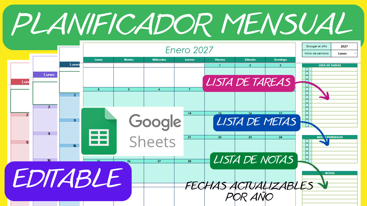 PLANIFICADOR MENSUAL EDITABLE PERPETUO GOOGLE SHEETS